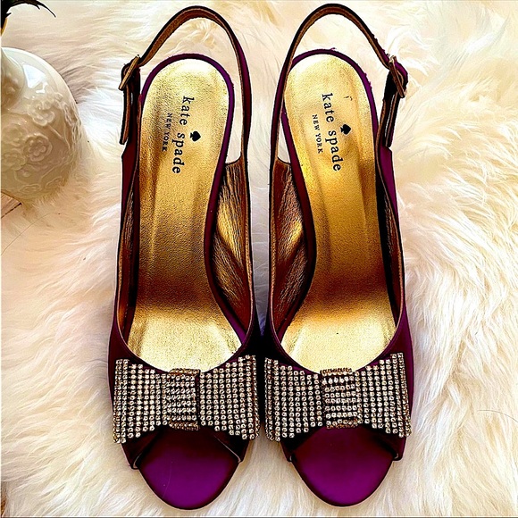 Kate Spade purple satin peep toe high heels w rhinestone bows wmn Sz 7.5 - Picture 3 of 15